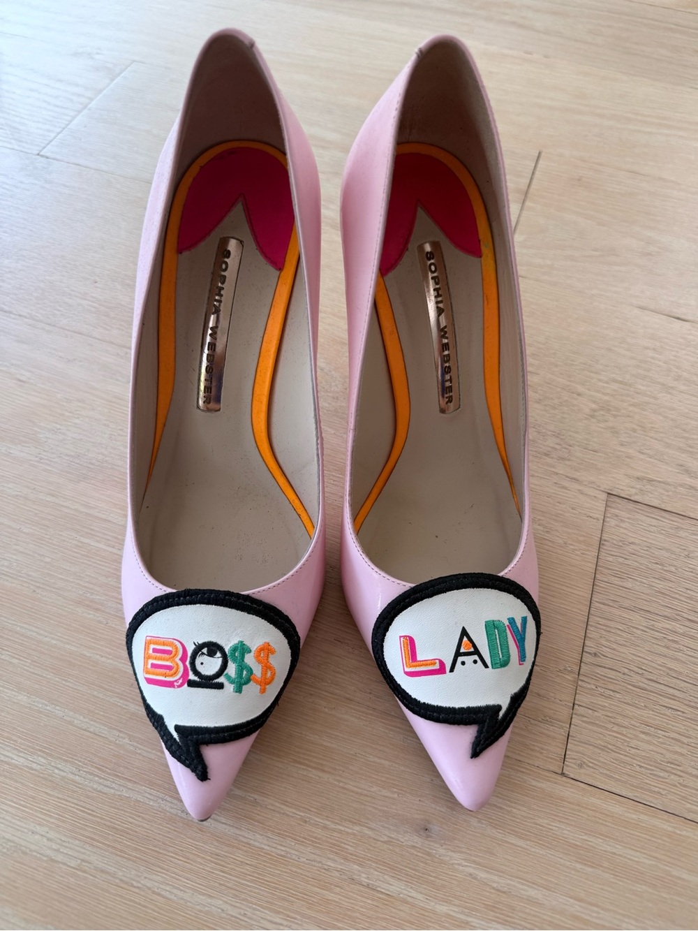 Sophia Webster Pink Pointed-Toe Pumps with 'Boss Lady' Appliqué